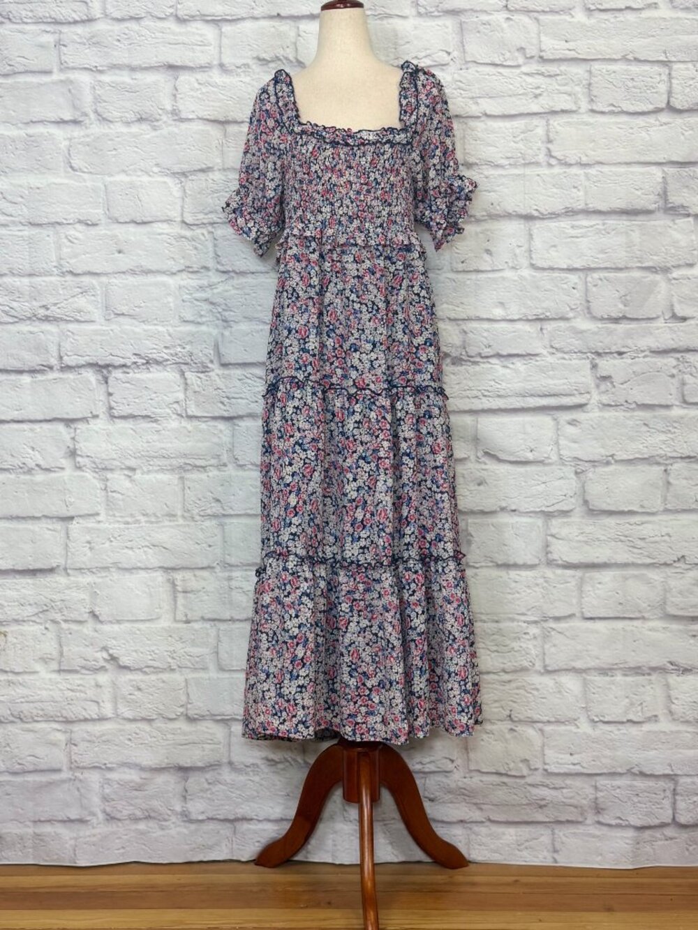 Dear John Navy Blue Ditsy Floral Smocked Tiered Midi Dress